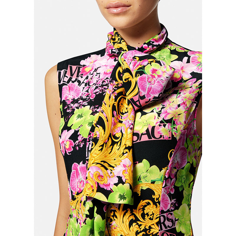 40 NEW $4,595 VERSACE Runway Black PINK ORCHID LOGO PRINT Shirt Pleated DRESS
