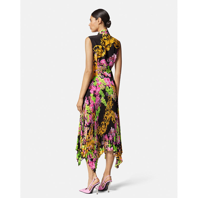 40 NEW $4,595 VERSACE Runway Black PINK ORCHID LOGO PRINT Shirt Pleated DRESS