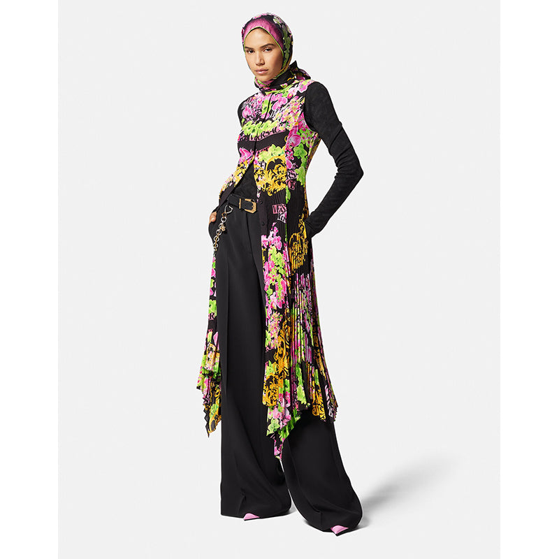 40 NEW $4,595 VERSACE Runway Black PINK ORCHID LOGO PRINT Shirt Pleated DRESS