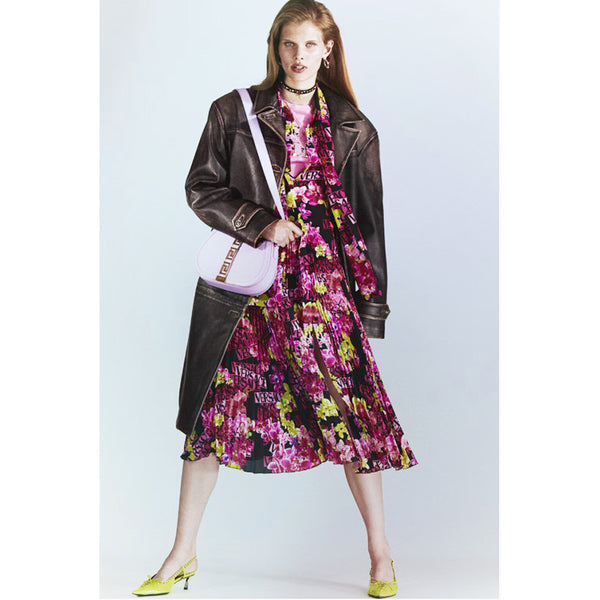 40 NEW $4,875 VERSACE Runway Black PINK ORCHID LOGO PRINT Shirt Midi DRESS