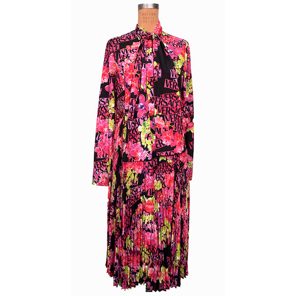40 NEW $4,875 VERSACE Runway Black PINK ORCHID LOGO PRINT Shirt Midi DRESS
