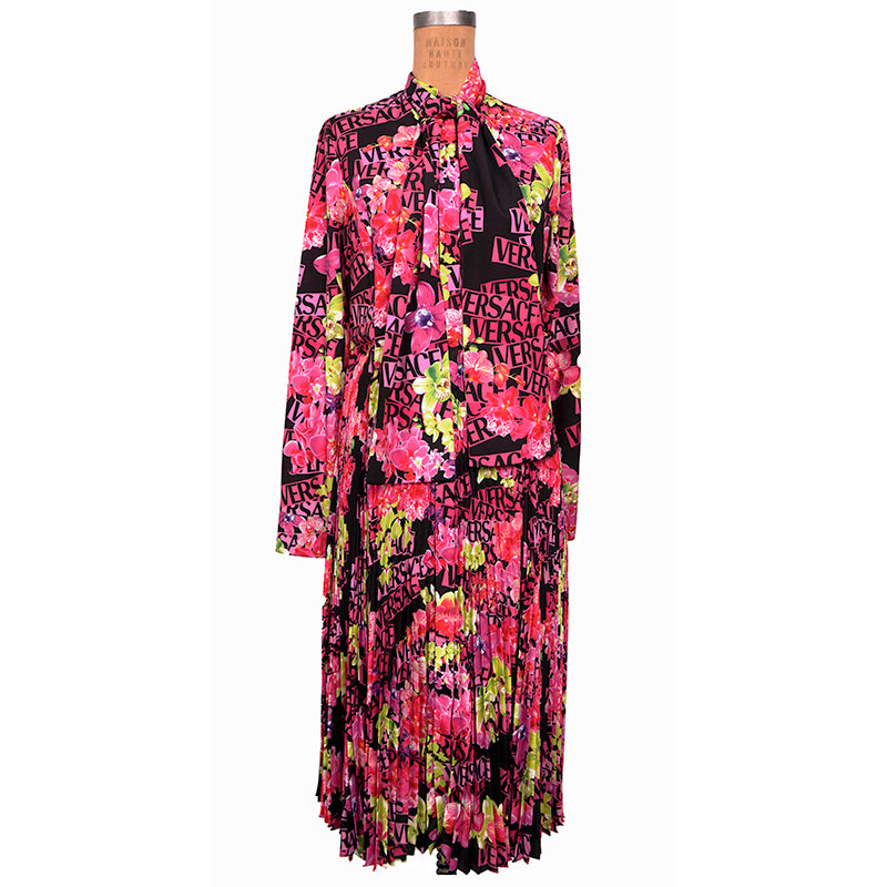 40 NEW $4,875 VERSACE Runway Black PINK ORCHID LOGO PRINT Shirt Midi DRESS