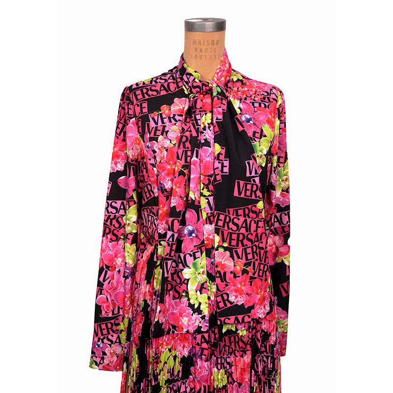40 NEW $4,875 VERSACE Runway Black PINK ORCHID LOGO PRINT Shirt Midi DRESS