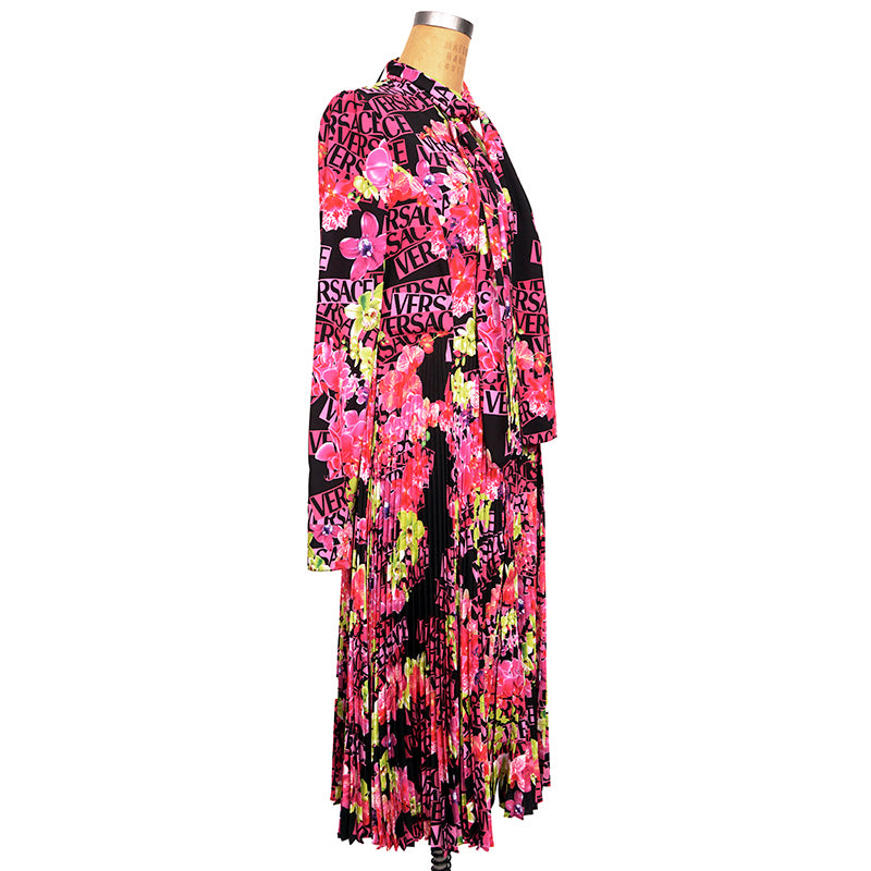 40 NEW $4,875 VERSACE Runway Black PINK ORCHID LOGO PRINT Shirt Midi DRESS