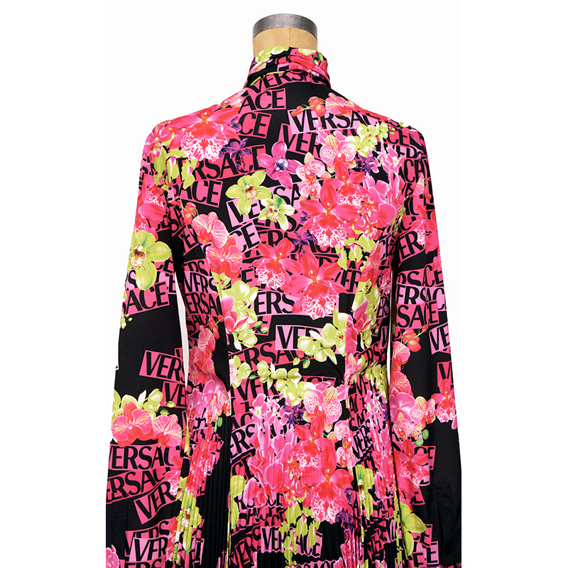 40 NEW $4,875 VERSACE Runway Black PINK ORCHID LOGO PRINT Shirt Midi DRESS