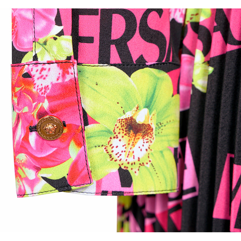 40 NEW $4,875 VERSACE Runway Black PINK ORCHID LOGO PRINT Shirt Midi DRESS