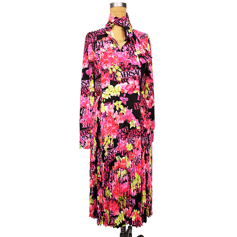 40 NEW $4,875 VERSACE Runway Black PINK ORCHID LOGO PRINT Shirt Midi DRESS