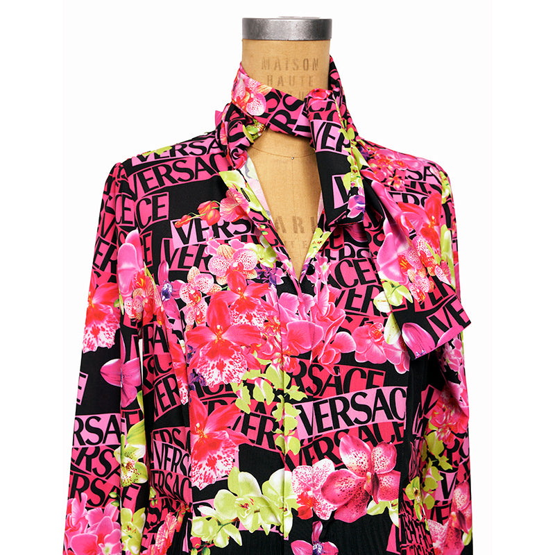 40 NEW $4,875 VERSACE Runway Black PINK ORCHID LOGO PRINT Shirt Midi DRESS