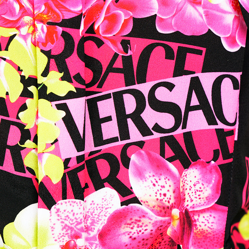 40 NEW $4,875 VERSACE Runway Black PINK ORCHID LOGO PRINT Shirt Midi DRESS