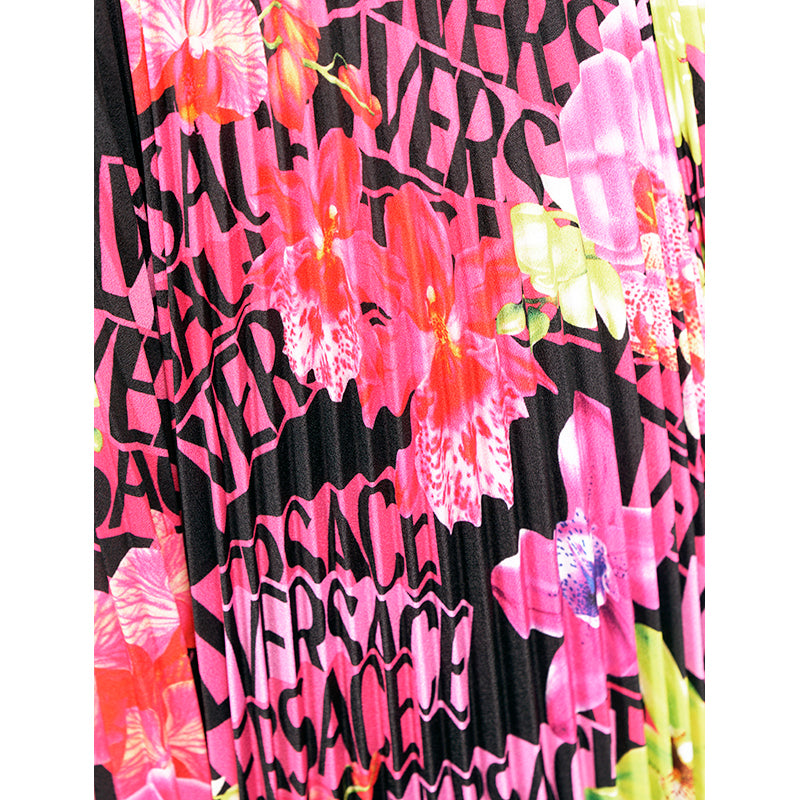 40 NEW $4,875 VERSACE Runway Black PINK ORCHID LOGO PRINT Shirt Midi DRESS