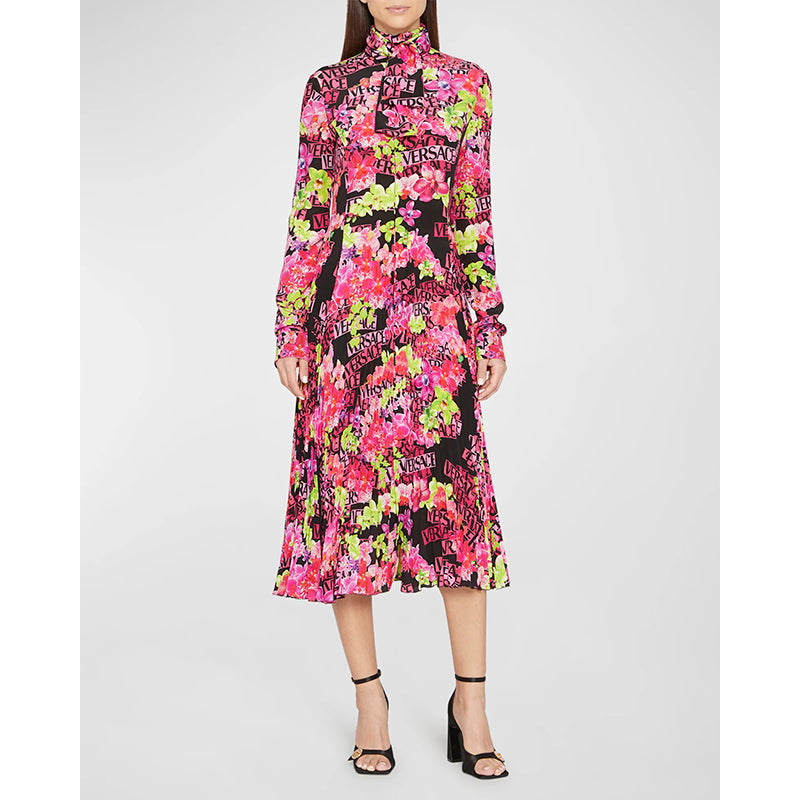 40 NEW $4,875 VERSACE Runway Black PINK ORCHID LOGO PRINT Shirt Midi DRESS