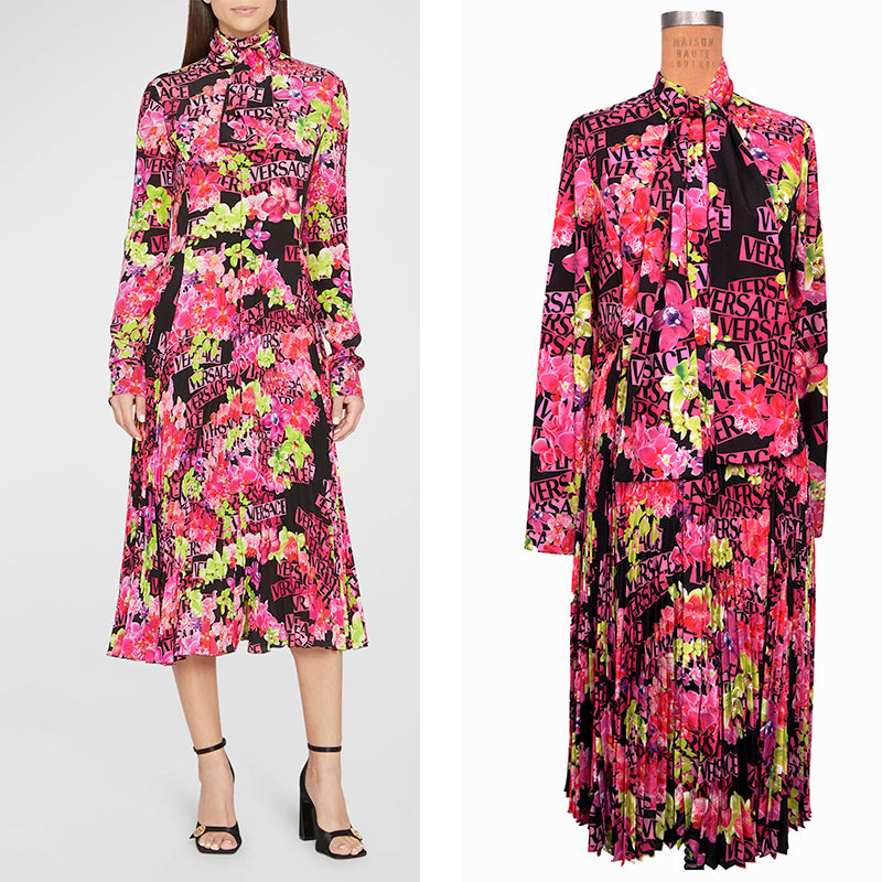 40 NEW $4,875 VERSACE Runway Black PINK ORCHID LOGO PRINT Shirt Midi DRESS