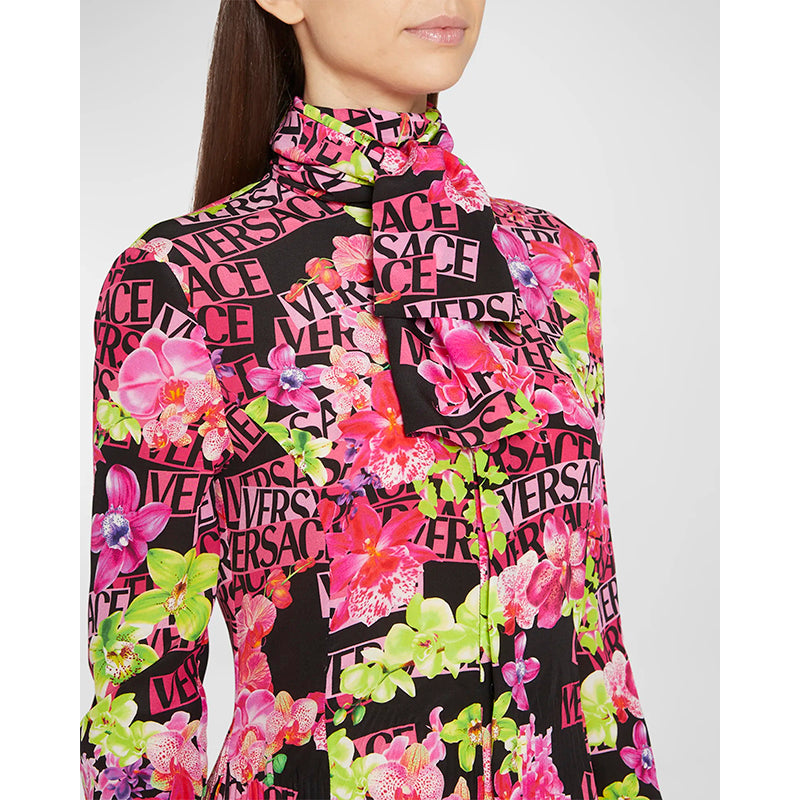 40 NEW $4,875 VERSACE Runway Black PINK ORCHID LOGO PRINT Shirt Midi DRESS