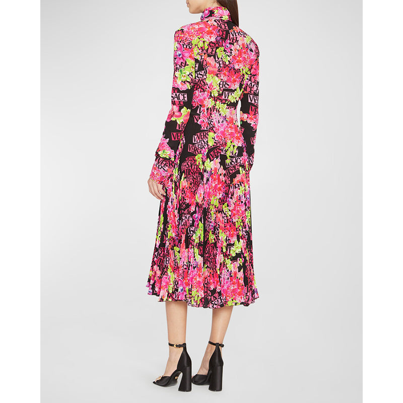 40 NEW $4,875 VERSACE Runway Black PINK ORCHID LOGO PRINT Shirt Midi DRESS