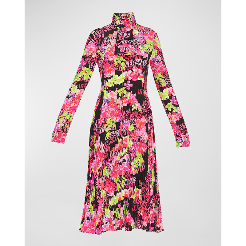 40 NEW $4,875 VERSACE Runway Black PINK ORCHID LOGO PRINT Shirt Midi DRESS