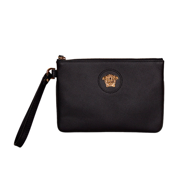 NEW $850 VERACE Black Grainy Leather GOLD LA MEDUSA LOGO Pouch Wristlet BAG NWT