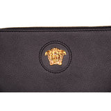 NEW $850 VERACE Black Grainy Leather GOLD LA MEDUSA LOGO Pouch Wristlet BAG NWT