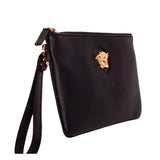 NEW $850 VERACE Black Grainy Leather GOLD LA MEDUSA LOGO Pouch Wristlet BAG NWT