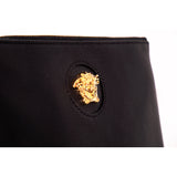 NEW $850 VERACE Black Grainy Leather GOLD LA MEDUSA LOGO Pouch Wristlet BAG NWT