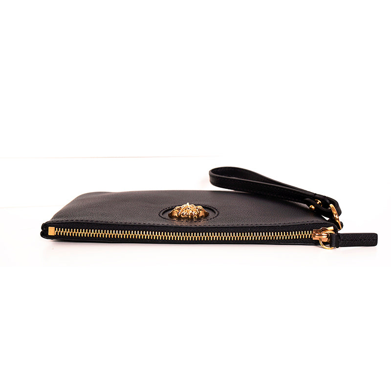 NEW $850 VERACE Black Grainy Leather GOLD LA MEDUSA LOGO Pouch Wristlet BAG NWT