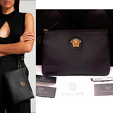 NEW $850 VERACE Black Grainy Leather GOLD LA MEDUSA LOGO Pouch Wristlet BAG NWT