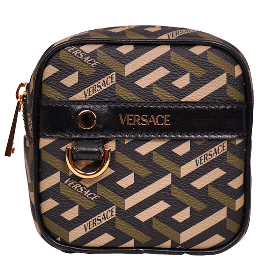 NEW $325 VERSACE Khaki Coated Canvas LA GRECA Coin Purse MODULAR SQUARE POUCH