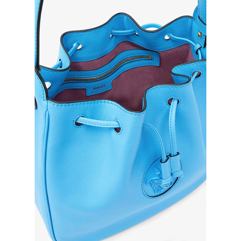 NEW $2325 VERSACE Blue Leather LA MEDUSA Drawstring Bucket BAG CHAIN & 2 STRAPS