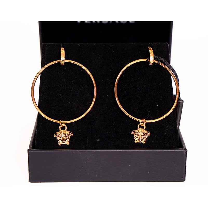 NEW $650 VERSACE Gold Tone Brass MEDUSA LOGO Large HOOP Pierced DANGLE EARRINGS