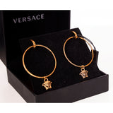 NEW $650 VERSACE Gold Tone Brass MEDUSA LOGO Large HOOP Pierced DANGLE EARRINGS