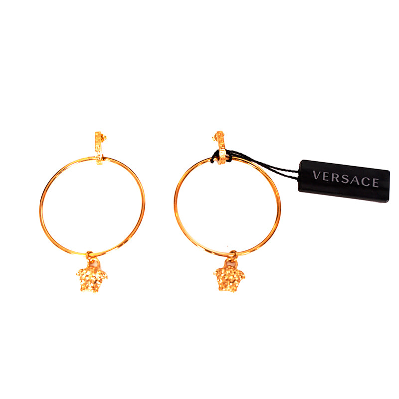 NEW $650 VERSACE Gold Tone Brass MEDUSA LOGO Large HOOP Pierced DANGLE EARRINGS