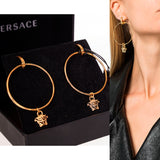 NEW $650 VERSACE Gold Tone Brass MEDUSA LOGO Large HOOP Pierced DANGLE EARRINGS