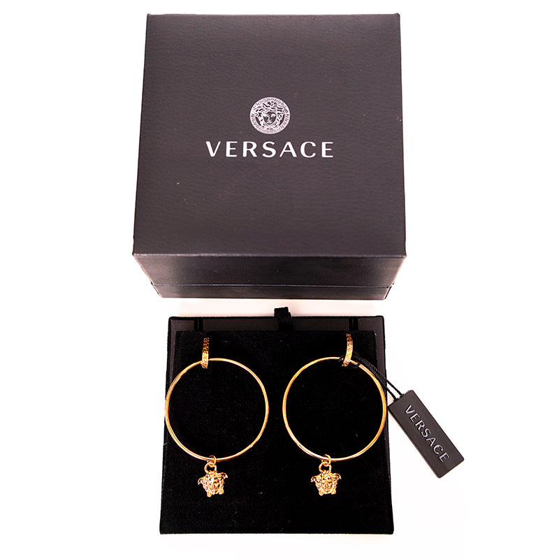 NEW $650 VERSACE Gold Tone Brass MEDUSA LOGO Large HOOP Pierced DANGLE EARRINGS