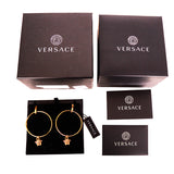 NEW $650 VERSACE Gold Tone Brass MEDUSA LOGO Large HOOP Pierced DANGLE EARRINGS