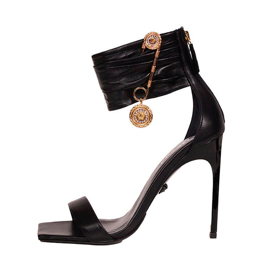 sz  38.5 NEW $1,275 VERSACE Black Leather LOGO SAFETY PIN Stiletto 108 SANDALS HEELS