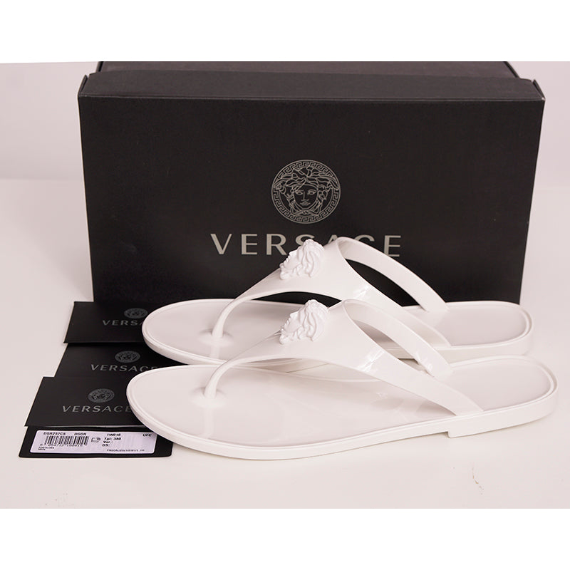 sz 38 NEW $295 VERSACE White Rubber LA MEDUSA LOGO Flip Flops Pool JELLY SANDALS