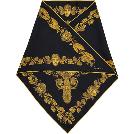 NEW $450 VERSACE Black GOLD MASCHERA BAROQUE MEDUSA HEAD Logo Print SCARF NIB