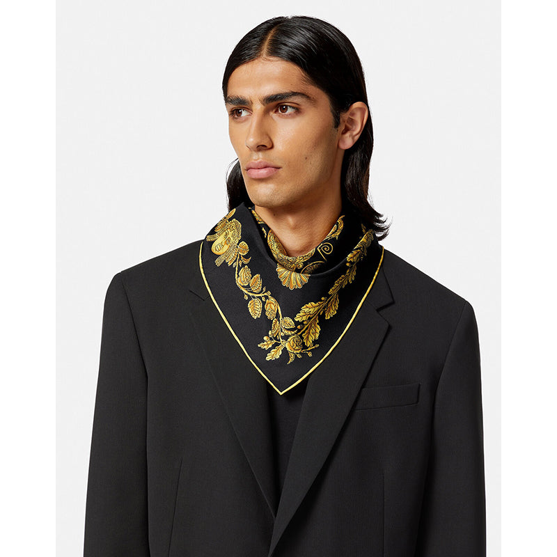 NEW $450 VERSACE Black GOLD MASCHERA BAROQUE MEDUSA HEAD Logo Print SCARF NIB