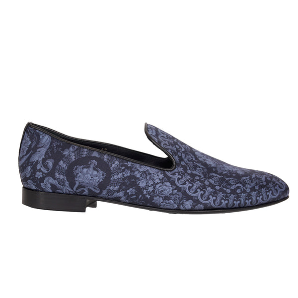 43 10 NEW $850 VERSACE Men's Blue Regal BAROQUE Twill SMOKING SLIPPERS LOAFERS