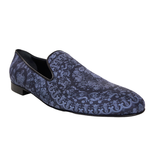 43 10 NEW $850 VERSACE Men's Blue Regal BAROQUE Twill SMOKING SLIPPERS LOAFERS