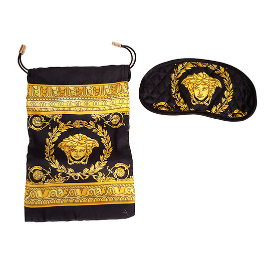 NEW $275 VERSACE Black SILK QUILTED La Coupe des Dieux MEDUSA SLEEP MASK & POUCH
