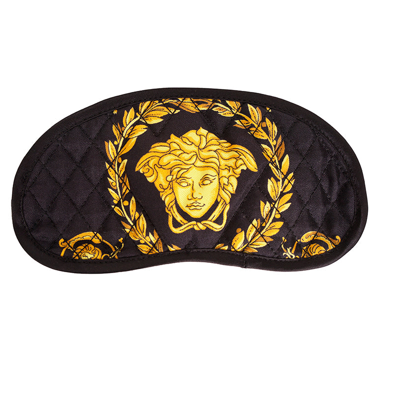 NEW $275 VERSACE Black SILK QUILTED La Coupe des Dieux MEDUSA SLEEP MASK & POUCH