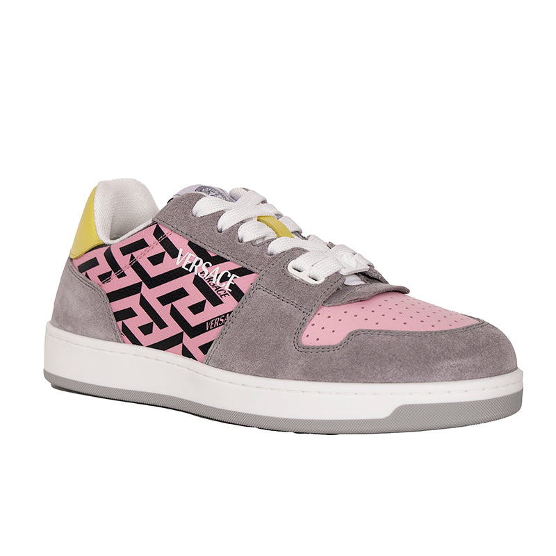 38 NEW $995 VERSACE Woman's Gray Suede PINK LA GRECA Leather Low Top SNEAKERS