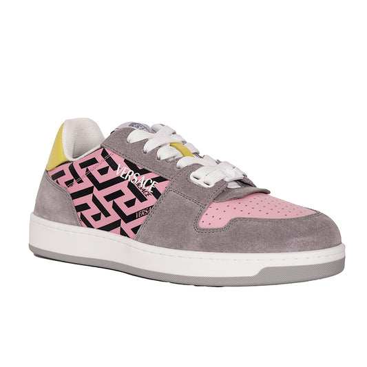 38 NEW $995 VERSACE Woman's Gray Suede PINK LA GRECA Leather Low Top SNEAKERS