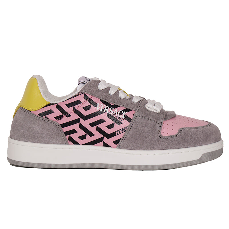 38 NEW $995 VERSACE Woman's Gray Suede PINK LA GRECA Leather Low Top SNEAKERS