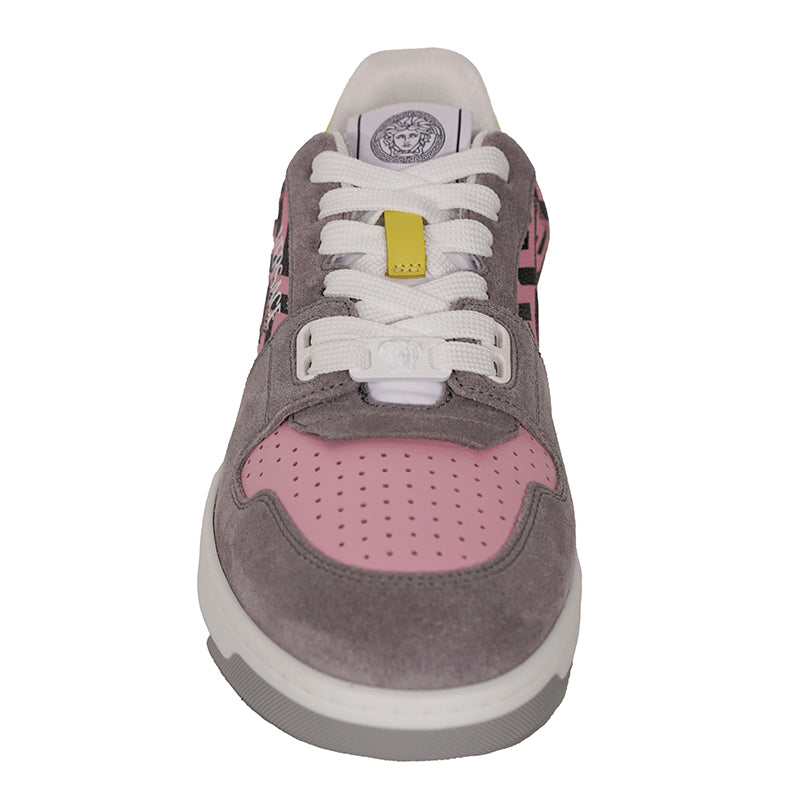 38 NEW $995 VERSACE Woman's Gray Suede PINK LA GRECA Leather Low Top SNEAKERS