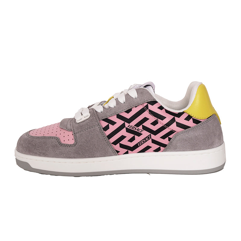 38 NEW $995 VERSACE Woman's Gray Suede PINK LA GRECA Leather Low Top SNEAKERS
