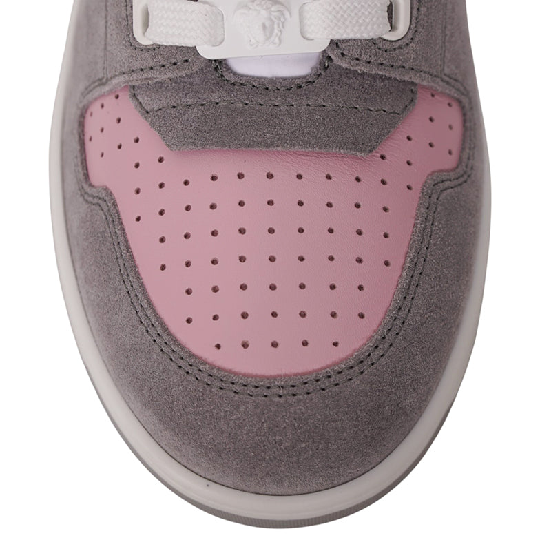 38 NEW $995 VERSACE Woman's Gray Suede PINK LA GRECA Leather Low Top SNEAKERS