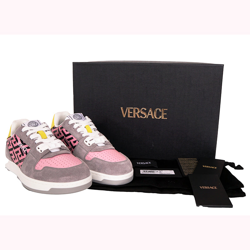 38 NEW $995 VERSACE Woman's Gray Suede PINK LA GRECA Leather Low Top SNEAKERS