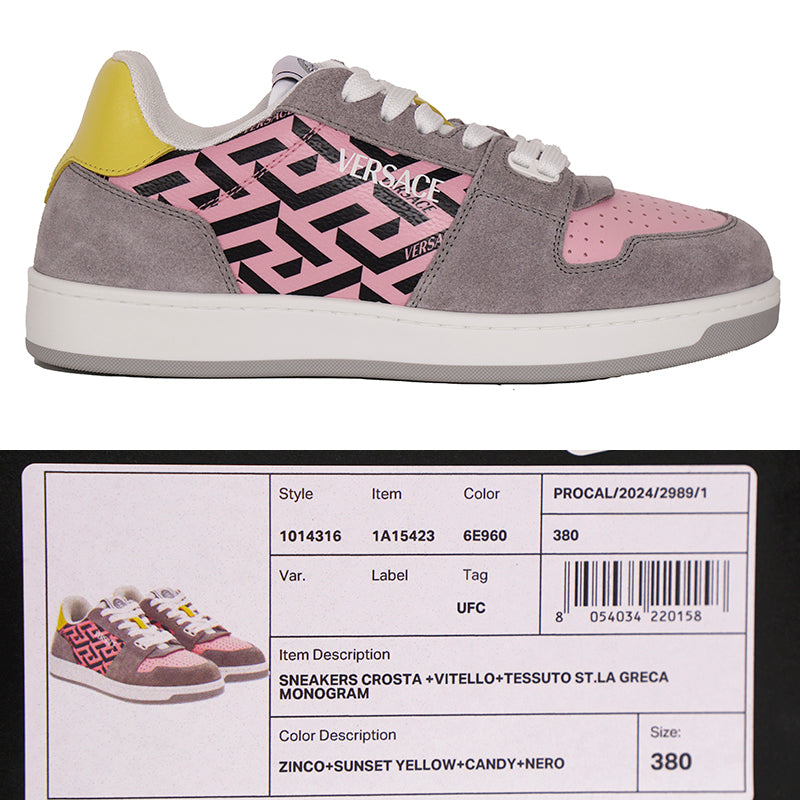 38 NEW $995 VERSACE Woman's Gray Suede PINK LA GRECA Leather Low Top SNEAKERS