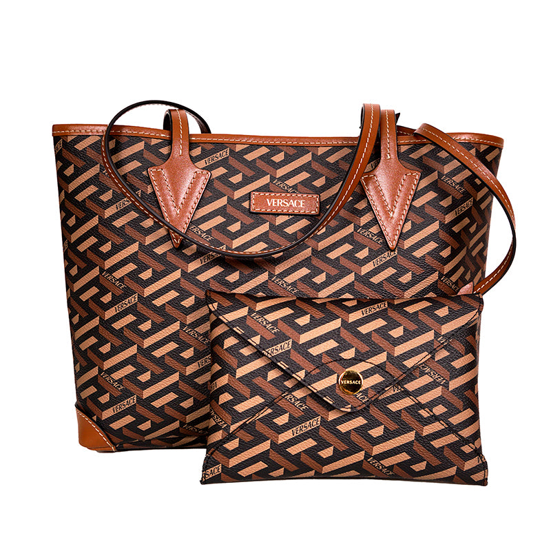 NEW $925 VERSACE Caramel LA GRECA Signature Small Open Top TOTE BAG w/ POUCH